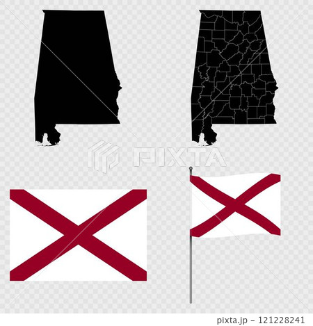 Set of map and map with province, flag and flagpole of Alabama state. Vector illustration. Set of map and map with province, flag and flagpole of Alabama state. Vector illustration. 121228241
