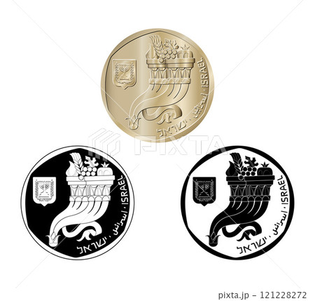 Coin, Israel, 5 sheqalim. Obverse of Israel five sheqalim coin. The coin is depicted in black and white. Vector illustration. 121228272