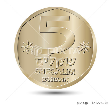 Coin, Israel, 5 sheqalim. Reverse of Israel five sheqalim coin. Vector illustration. Coin, Israel, 5 sheqalim. Reverse of Israel five sheqalim coin. Vector illustration. 121228276