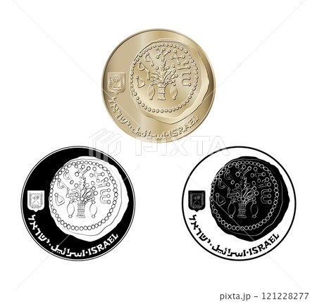 Coin, Israel, 50 sheqalim. Obverse of Israel fifty sheqalim coin. The coin is depicted in black and white. Vector illustration. 121228277