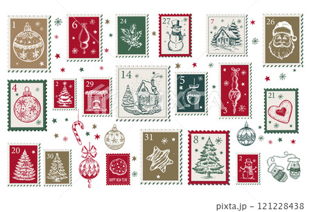 Advent calendar, Christmas Stamps, mail, postcard hand drawn illustrations.	 121228438