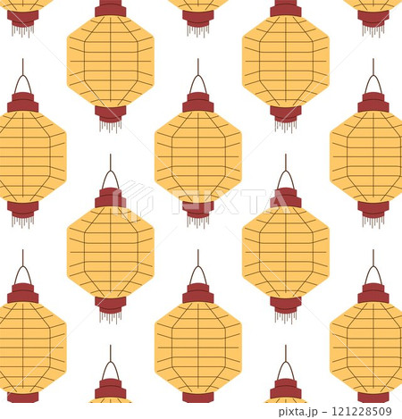 Seamless pattern with traditional Chinese lantern in golden yellow on white background in flat style. Perfect for festive design, decoration, textile, wallpaper and creative project. 121228509
