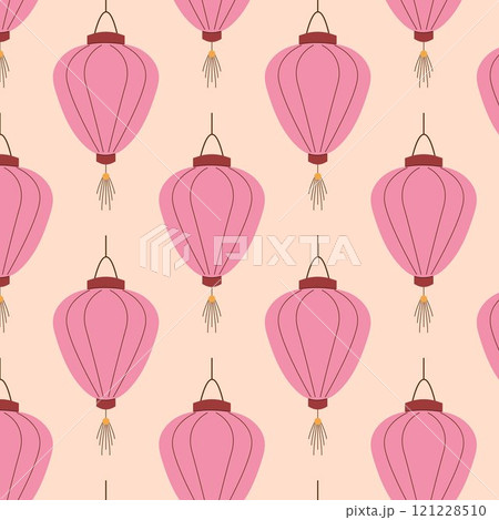 Charming seamless pattern with pink Chinese lanterns on soft peach background in flat style. Ideal for festive decor, stationery, textile and gift wrapping design. 121228510