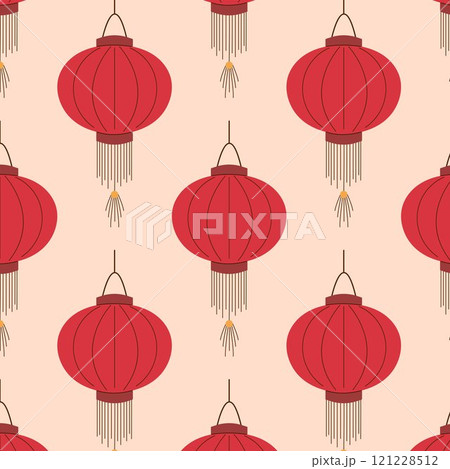 Seamless pattern with traditional red Chinese lantern on a soft beige background. Ideal for festive design, home decor, gift wrap, textile and card. Seamless pattern with traditional red Chinese lantern on a soft beige background. Ideal for festive design, home decor, gift wrap, textile and card. 121228512