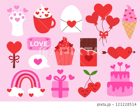 Valentine Day elements. Rainbow, Envelope, Cherry, Cake, Chocolate, cupcake, Balloons, Cat Paw, Gift box, Coffee Cup. Vector flat illustration. Valentine Day elements. Rainbow, Envelope, Cherry, Cake, Chocolate, cupcake, Balloons, Cat Paw, Gift box, Coffee Cup. Vector flat illustration. 121228514
