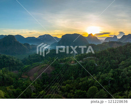 High angle view mountains rainforest view in sunrise sky 121228636