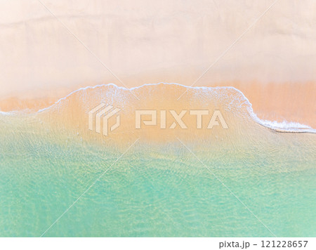 Amazing sea surface in summer season background,Nature waves sea beach background,High angle view waves seascape nature view,Wide angle drone shot,Top view beach sand 121228657