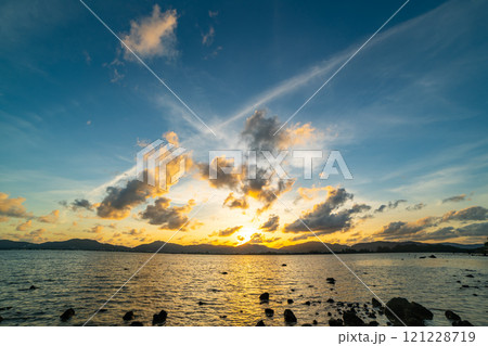 Beautiful clouds in sunset or sunrise over sea,Colorful scenery sunset sky, Amazing clouds wonderful light sky background 121228719