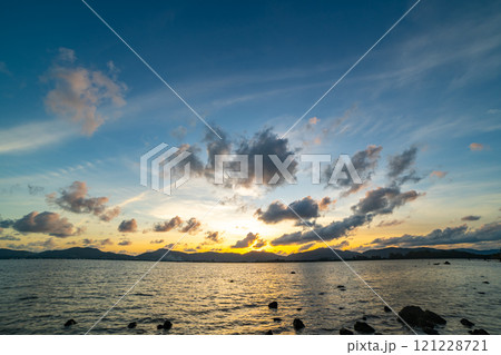 Beautiful clouds in sunset or sunrise over sea,Colorful scenery sunset sky, Amazing clouds wonderful light sky background 121228721