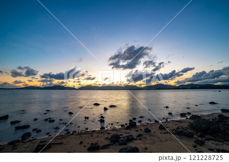 Beautiful clouds in sunset or sunrise over sea,Colorful scenery sunset sky, Amazing clouds wonderful light sky background 121228725