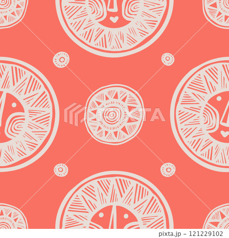 Hand Drawn Seamless Pattern with White Smiling Suns on Warm Pink Background Hand Drawn Seamless Pattern with White Smiling Suns on Warm Pink Background 121229102