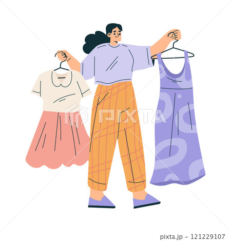 Woman Choose Dress and Costume at Shooting Film Movie Production Scene Vector Illustration 121229107