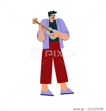 Young Smiling Man Character Standing and Play Ukulele Vector Illustration Young Smiling Man Character Standing and Play Ukulele Vector Illustration 121229109