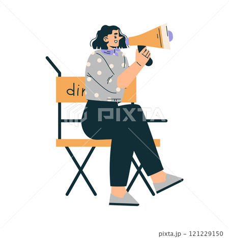 Woman Sitting at Director Chair with Megaphone at Shooting Film Movie Production Scene Vector Illustration 121229150