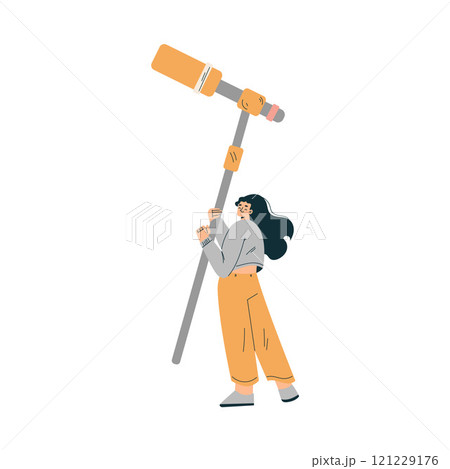 Woman Hold Microphone at Shooting Film Movie Production Scene Vector Illustration 121229176