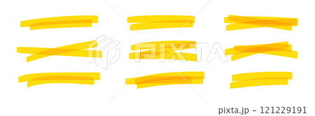 Yellow marker strokes set with brush texture for highlighting text. Doodle underline or box elements. Flat vector illustration isolated on white background. 121229191