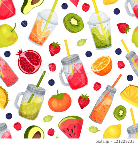 Fresh Smoothie Tasty Drink Seamless Pattern Design with Bright Juicy Refreshment Vector Template 121229233