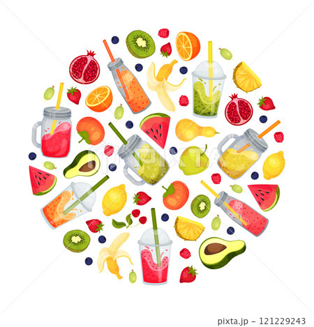 Fresh Smoothie Tasty Drink Round Composition Design with Bright Juicy Refreshment Vector Template 121229243