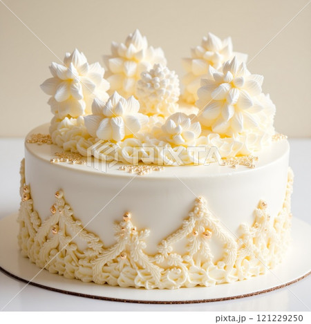 ゴールドベルで飾られたシンプルでエレガントなケーキ ゴールドベルで飾られたシンプルでエレガントなケーキ 121229250