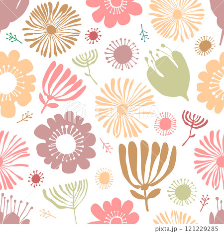 Vector seamless pattern with pink flowers in collage technique on a white background Vector seamless pattern with pink flowers in collage technique on a white background 121229285