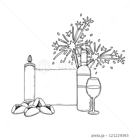 Purim Esther scroll with wine bottle and glass, Hamantaschen cookies and sparkles black and white vector illustration. Jewish masquerade symbols in greeting template. Line ink drawing for coloring 121229363