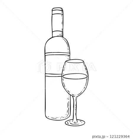 Line wine bottle and glass black and white vector illustration. Kosher alcoholic drink for Jewish holidays, Shabbat Kiddush, Purim celebration and Passover. Hand drawn ink sketch 121229364
