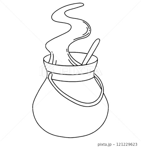Coloring book. Vector drawing, witch's cauldron with potion. Wizard school, magic	 121229623