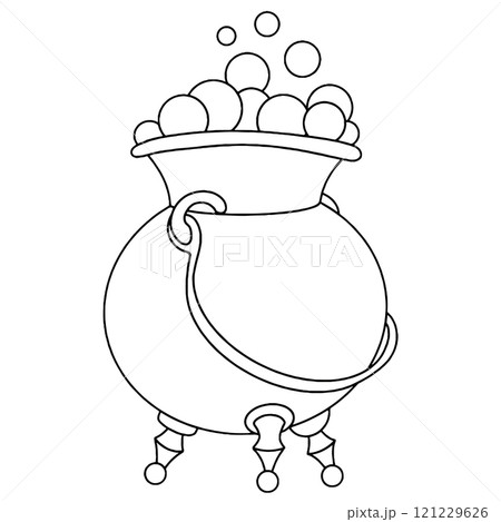 Coloring book. Vector drawing, witch's cauldron with potion. Wizard school, magic	 121229626