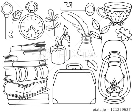 Coloring book. Vector drawing. Set of magical, witchcraft things. Wizard's school of witchcraft and magic. Cute doodle drawing	 121229627