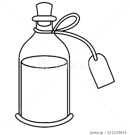 Coloring book. Vector drawing of potion in vintage bottle. Love potion, witchcraft, magic	 121229631