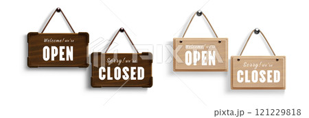 Wooden board sign with open closed business status Wooden board sign with open closed business status 121229818