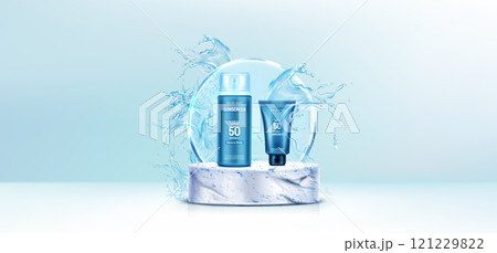 Sunscreen on marble podium with water splash 121229822