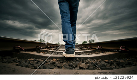 敷かれたレールの上を歩く若者の後ろ姿 敷かれたレールの上を歩く若者の後ろ姿 121229924