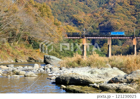 秩父鉄道「11月末の荒川橋梁を走る貨物列車」岩場前景に 121230025
