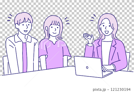 コンサルタントからカウンセリングを受ける男女のカップルのシンプルでポップなベクターイラスト 121230194