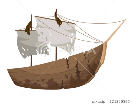 Broken ship icon. Cartoon wooden battered ship with tattered flag and sails after wreck or attack. Destroyed, wreck ship isolated on white background Broken ship icon. Cartoon wooden battered ship with tattered flag and sails after wreck or attack. Destroyed, wreck ship isolated on white background 121230596
