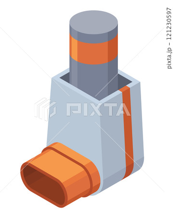 Asthma inhale isometric. Asthma spray realistic icon. Medical device for treatment respiratory diseases, flu. Inhaler for asthmatic isolated on white background 121230597