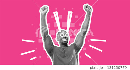 Joyful happy man raising his arms in triumph, surrounded by exclamation marks, representing success and achievement. 121230779