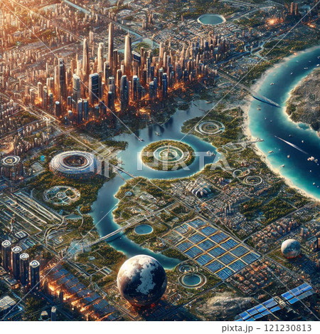 Aerial city view of a vision of futuristic urban utopia Aerial city view of a vision of futuristic urban utopia 121230813