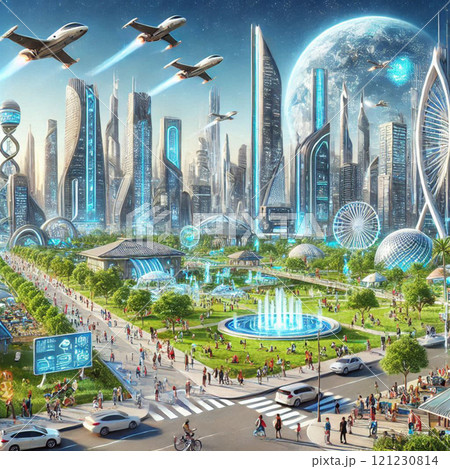Futuristic urban utopia with a cityscape with advanced skyscrapers 121230814