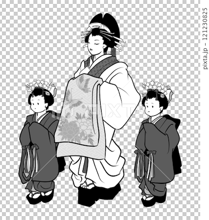 江戸、吉原の花魁とかむろのイラスト（モノクロ）のイラスト素材