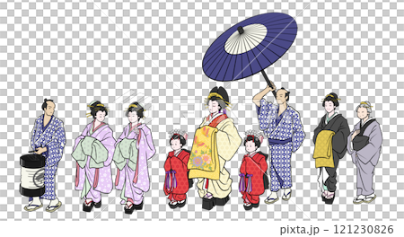 Illustration of a procession of courtesans in Yoshiwara, Edo Illustration of a procession of courtesans in Yoshiwara, Edo 121230826