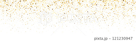 Golden glitter background with falling confetti and sparkle dust. Magical border pattern festive frame. Flat vector illustration isolated 121230947