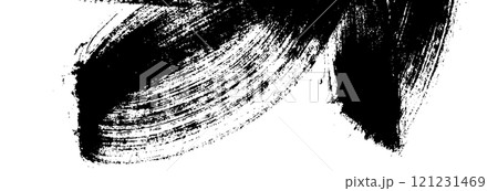 Artistic abstract background with paint strokes, spray dots, and shapes. Black vintage texture with retro gradient. Flat vector illustration isolated 121231469