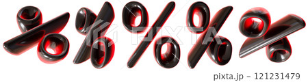 Glossy, black and red percentage symbols isolated on white background. Futuristic, tech, modern design. Ideal for representing sales or discounts in innovative visuals. Percent signs. 3D render. 121231479