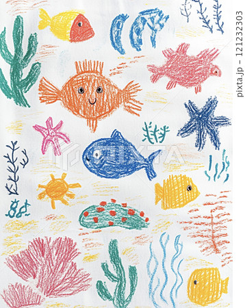 クレヨンで描いた夏の海の生き物　AI画像 121232303