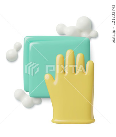 Cleanup or window washing 3d vector icon with a hand in a yellow glove and a napkin with soap Cleanup or window washing 3d vector icon with a hand in a yellow glove and a napkin with soap 121232743