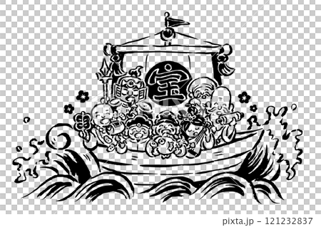 Seven Lucky Gods on a Treasure Ship - Brush-touch hand-drawn illustration - Monochrome line drawing 121232837