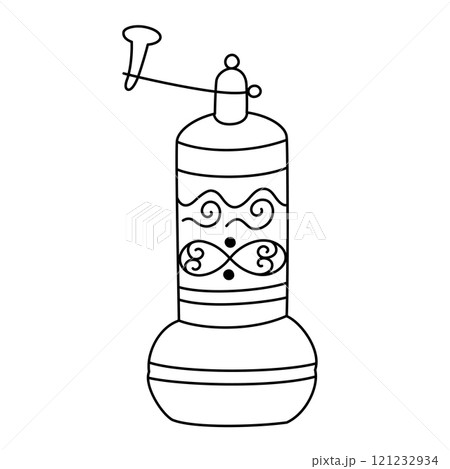 Black and white vector illustration of traditional Turkish spice or coffee grinder with ornate patterns, vintage and cultural design, detailed and elegant, kitchen utensil icon 121232934