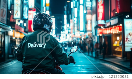 Night-time delivery service with a rider in neon-lit urban streets on a motorbike Night-time delivery service with a rider in neon-lit urban streets on a motorbike 121233081